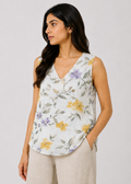 Flurr linen ivory floral top with V-neck and yellow and lavender floral print, close-up view