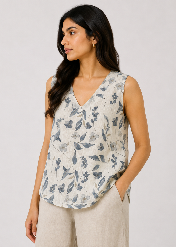 Flurr Linen Blossom floral top for women with V-neck and sleeveless design, front view