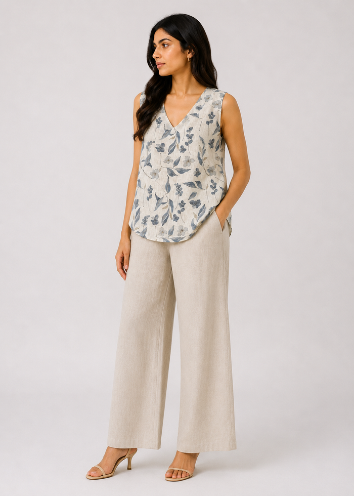 Flurr Linen Blossom floral linen top for women, full front view showing the V-neck, floral print and curved hem