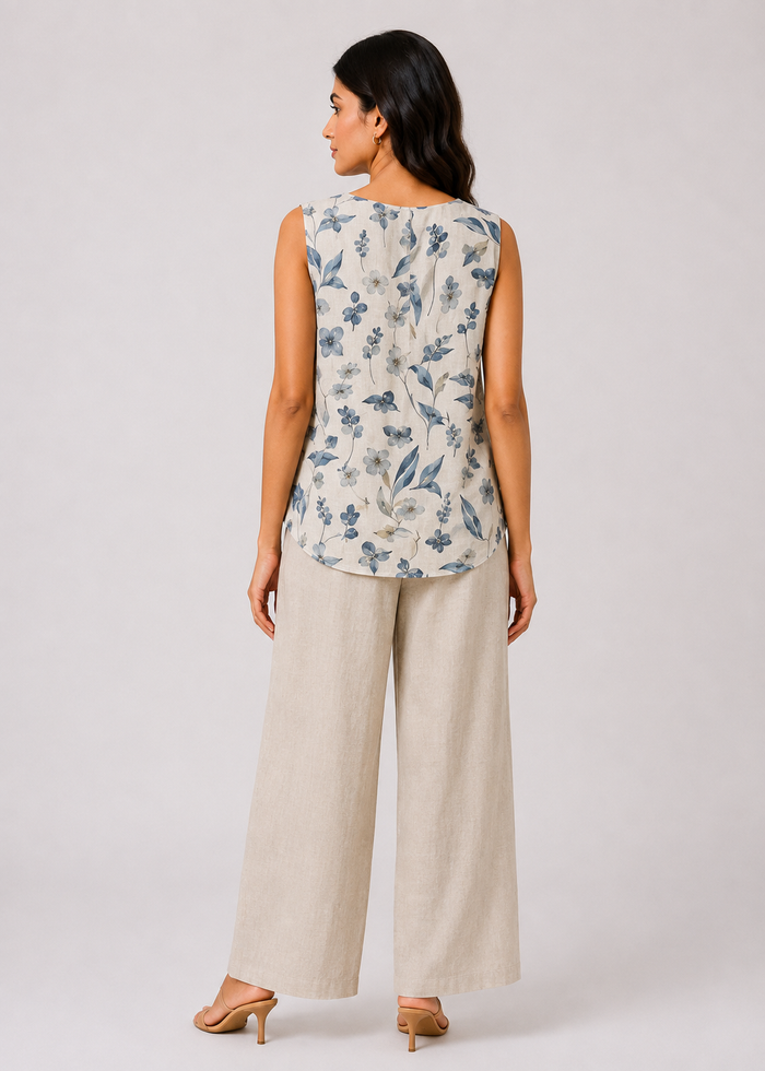 Flurr Linen Blossom floral linen top for women, back view showing the full floral print and relaxed silhouette