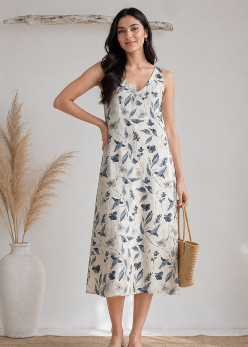 Flurr floral linen dress for women in blue botanical print, front view
