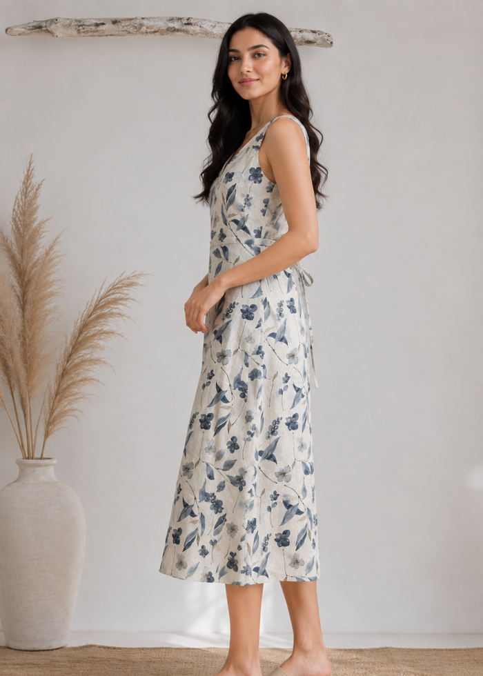 Flurr floral linen midi dress for women, left side view
