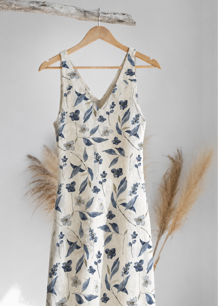 Flurr Floral Linen Dress in blue botanical print, product view