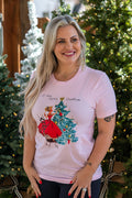 Amanda Bright Designs A Very Merry Christmas vintage style pink graphic t-shirt 1950s woman decorating christmas tree