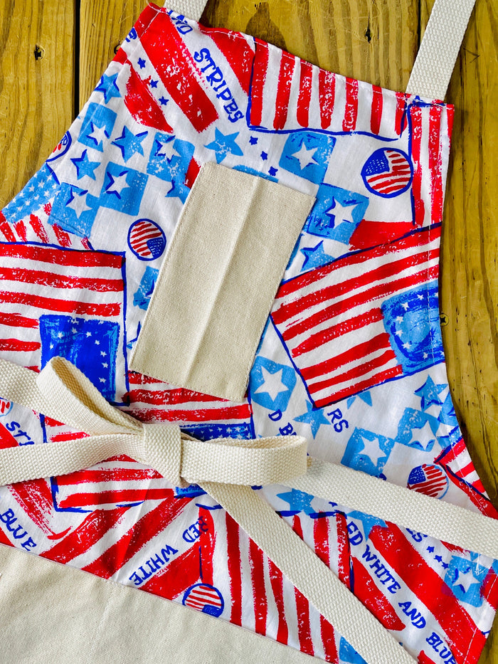 Amanda Bright Designs USA American flag toss up vintage fabric, apron, red, white and blue stars and stripes