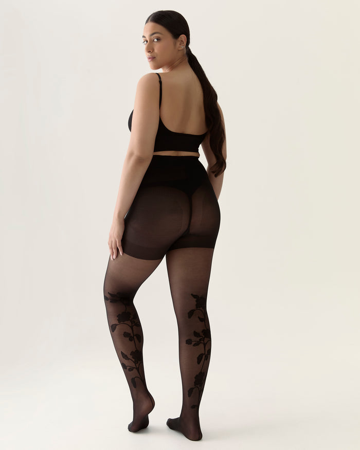 Back Flower Contour Shaping Tights in Black