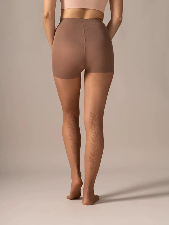 Back view close-up of the legs in the Back Vine Sheer Tights in Coffee.