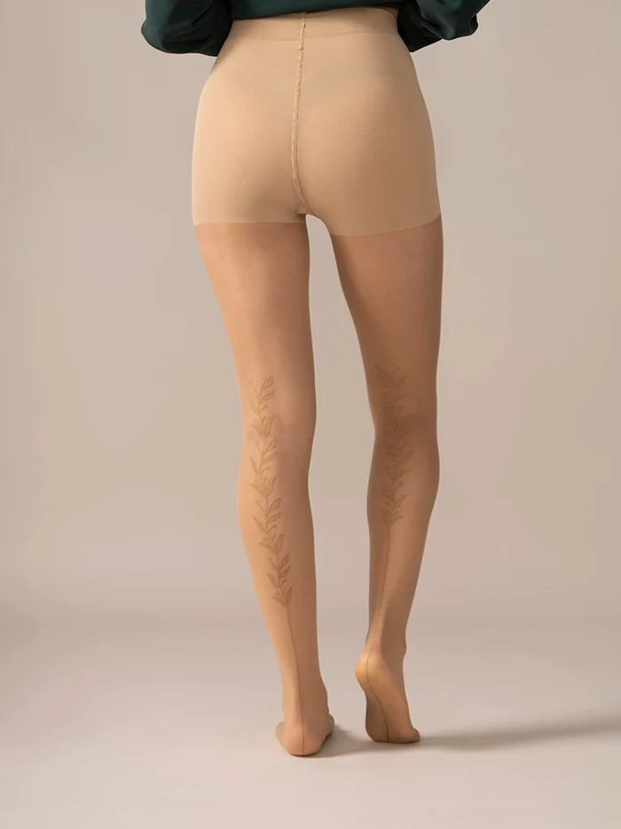 Back view close-up of the legs in the Back Vine Sheer Tights in Dune.