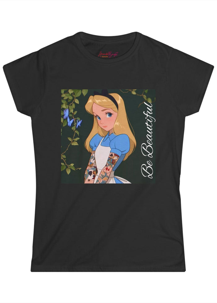 Amanda Bright Designs graphic tshirt Be Beautiful series Alice in Wonderland tattooed sleeve black short-sleeve t-shirt with a graphic print of Alice from Alice in Wonderland, featuring her blonde hair, blue dress, and the text 'Be Beautiful' written vertically on the right side of the graphic.