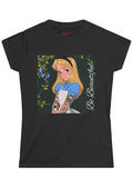 Amanda Bright Designs graphic tshirt Be Beautiful series Alice in Wonderland tattooed sleeve black short-sleeve t-shirt with a graphic print of Alice from Alice in Wonderland, featuring her blonde hair, blue dress, and the text 'Be Beautiful' written vertically on the right side of the graphic.