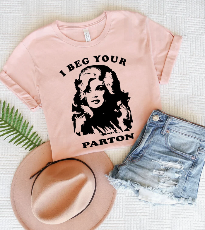 Amanda Bright Designs Beg Your Parton Dolly Parton blush peach tee tshirt design