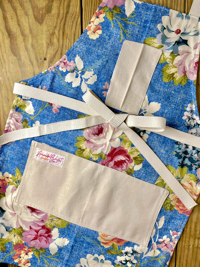 Amanda Bright Designs Betty Apron Blue floral cabbage rose denim apron