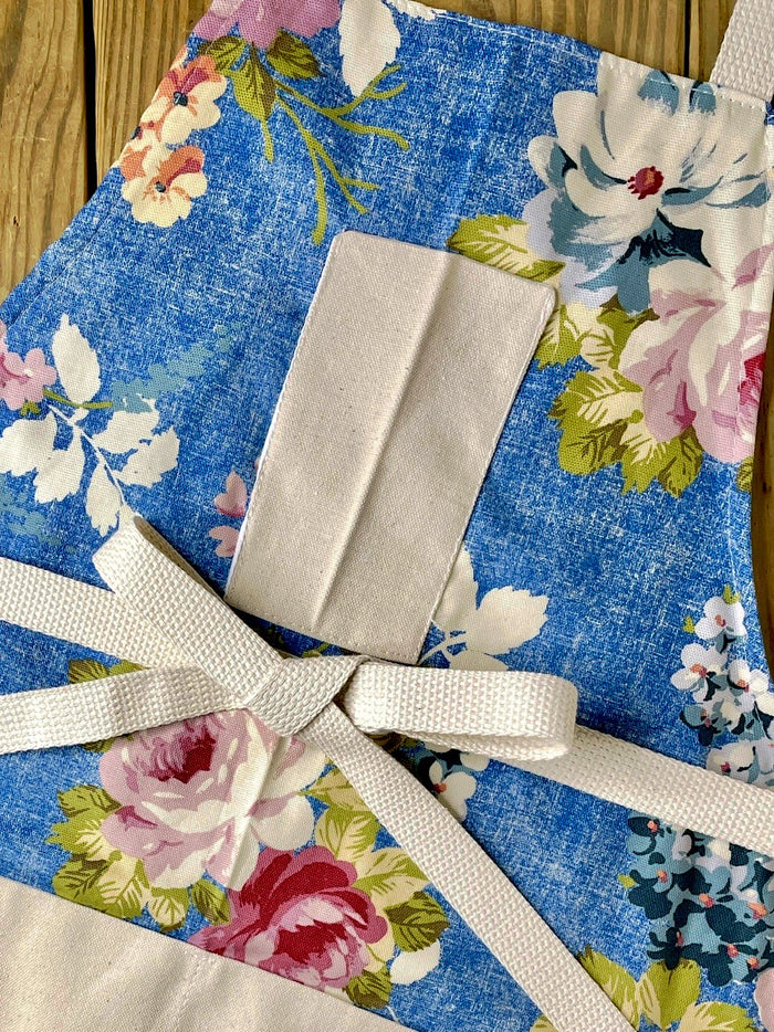 Amanda Bright Designs blue floral vintage rose apron