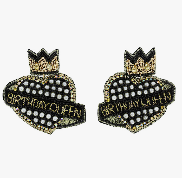 Birthday Queen Black & Gold Crown Heart Earrings
