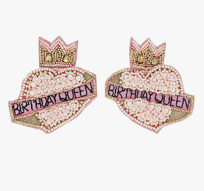 Birthday Queen Pink Crown Heart Earrings