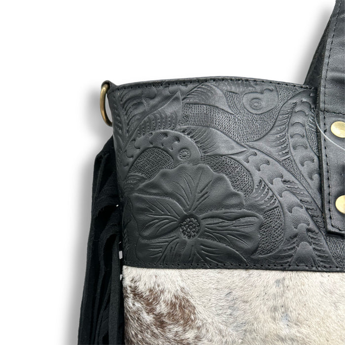 tooled leather fringe tote