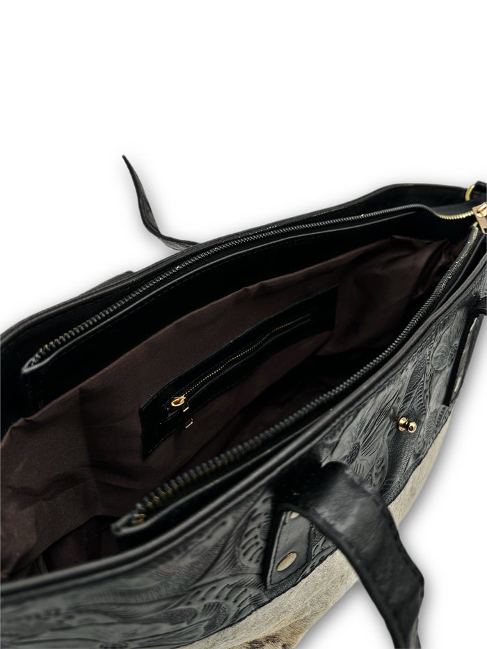 Black and White Cowhide Boho Chic Tote Bag with Fringe
