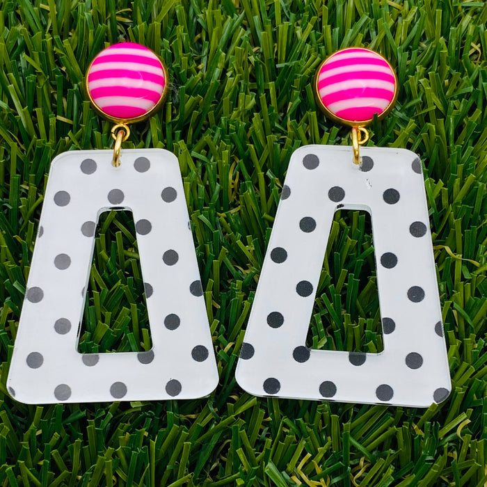 Amanda Bright Designs Black and White Polkadot with Pink Striped Button Earrings on grass background