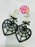 Amanda Bright Designs halloween earrings black glitter acrylic spiderweb heart earrings with bow