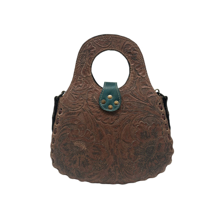 Blossom Floral Tooled Leather Round Top Handle Purse - Sobék