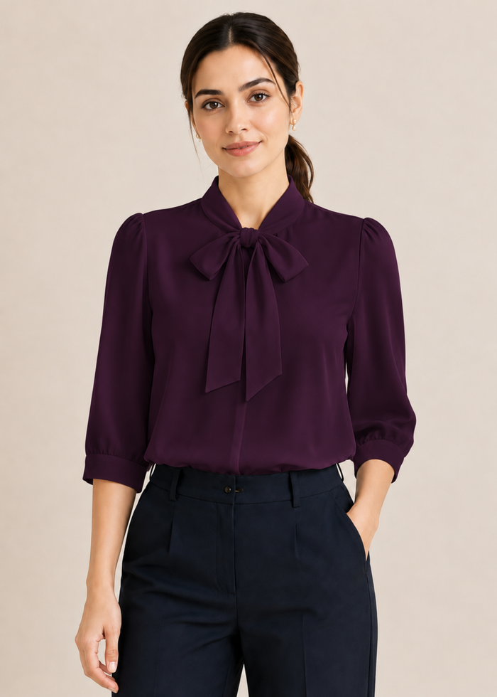 Flurr dark purple bow tie neck top, front view