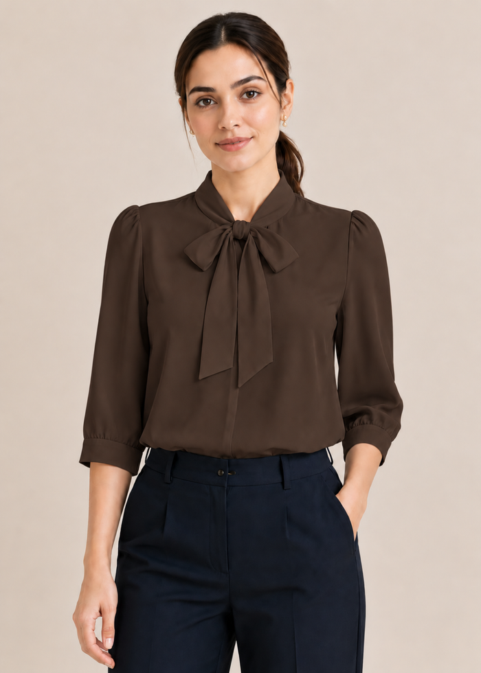Flurr chocolate brown bow tie neck top, front view