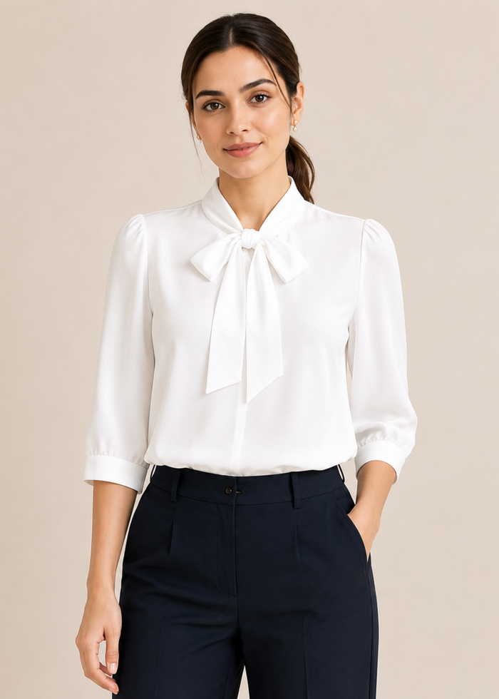 Flurr Tie Neck Top front closeup showing bow neckline and gathered sleeves