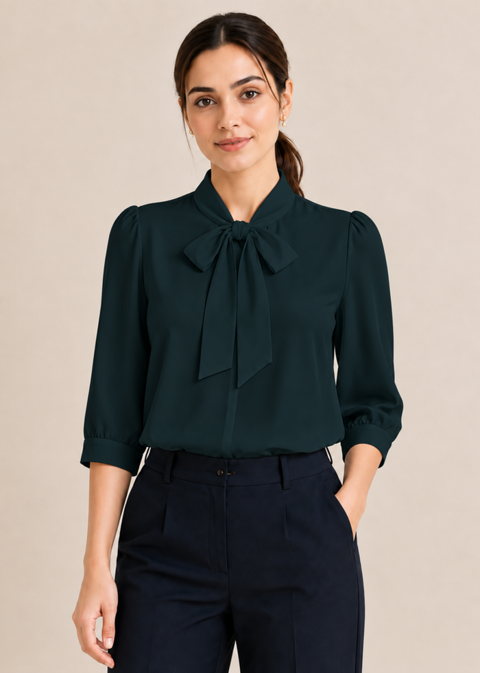 Flurr teal blue bow tie neck top, front view