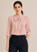 Flurr soft pink bow tie neck top, front view
