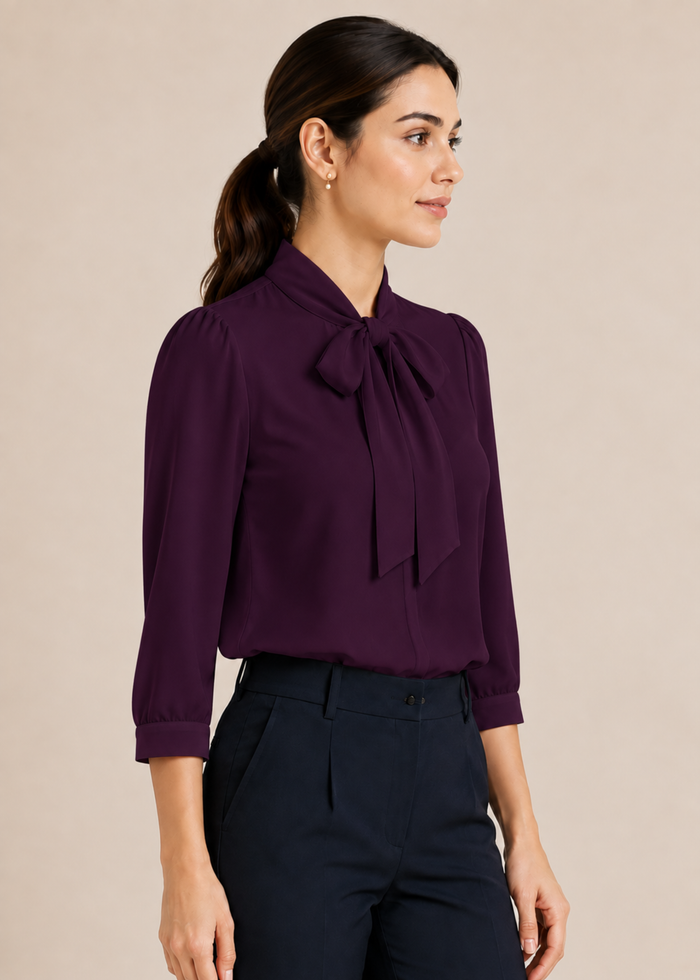 Flurr dark purple bow tie neck top, right side view