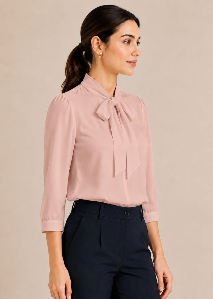 Flurr soft pink bow tie neck top, right side view
