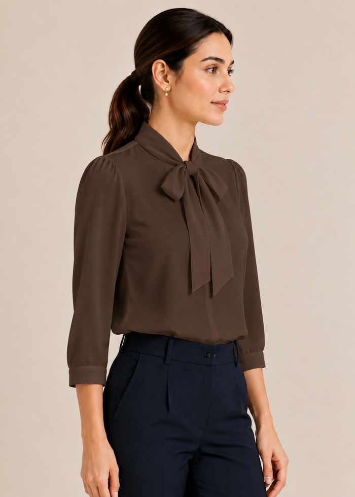 Flurr chocolate brown bow tie neck top, right side view