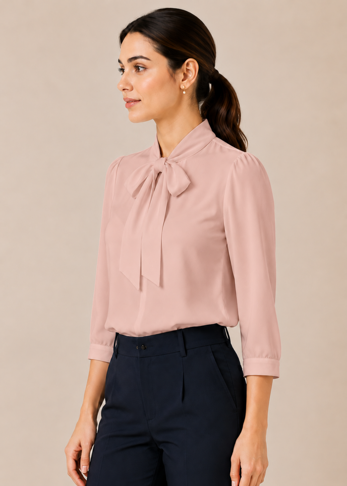 Flurr soft pink bow tie neck top, left side view