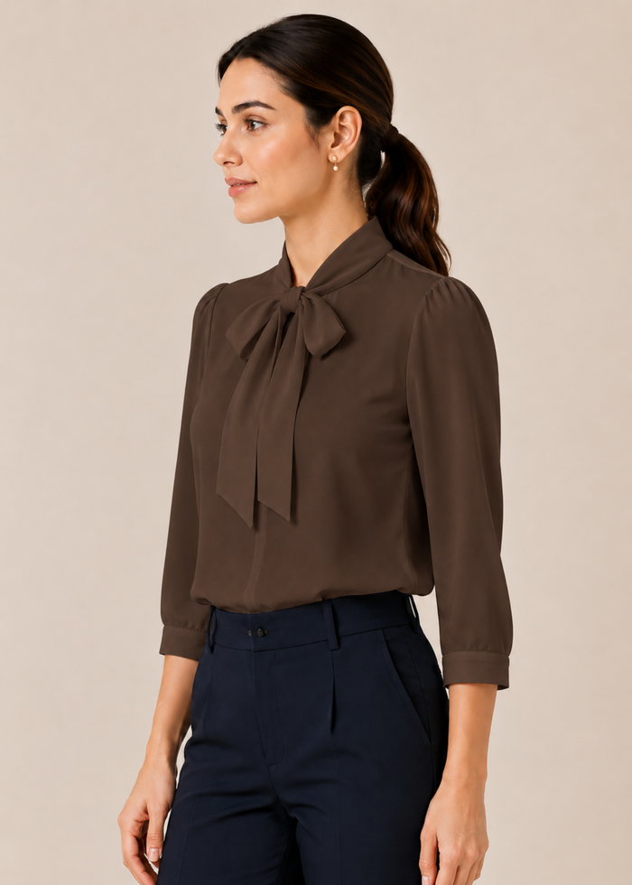 Flurr chocolate brown bow tie neck top, left side view