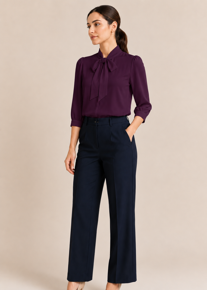 Flurr dark purple bow tie neck top, full length view