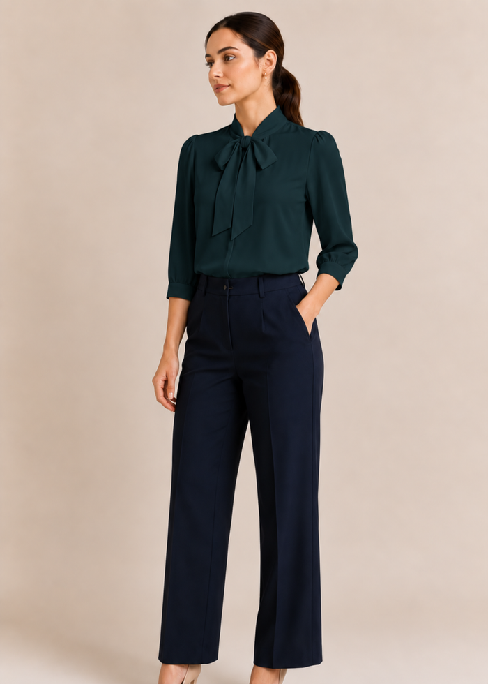 Flurr teal blue bow tie neck top, full length view