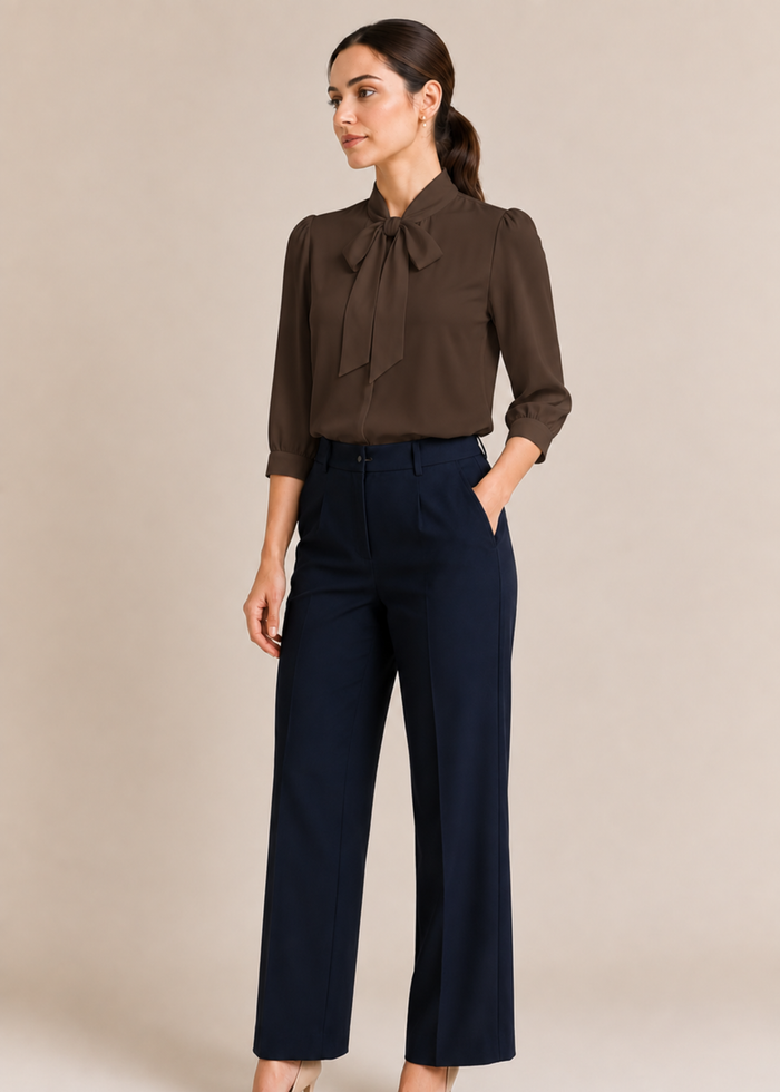 Flurr chocolate brown bow tie neck top, full length view