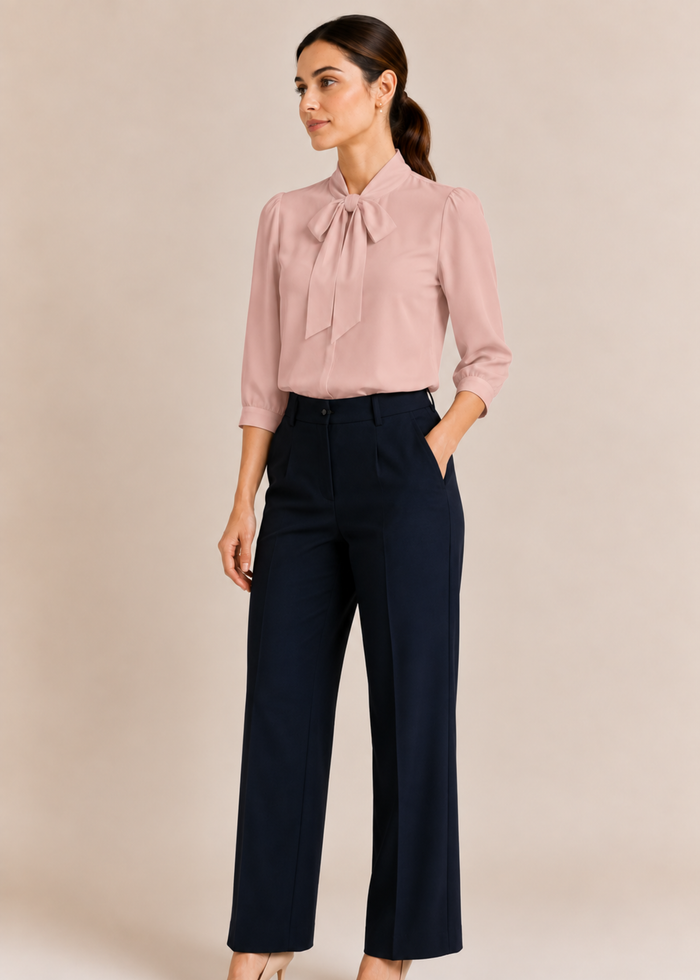 Flurr soft pink bow tie neck top, full length view