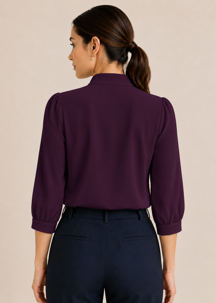 Flurr dark purple bow tie neck top, back view