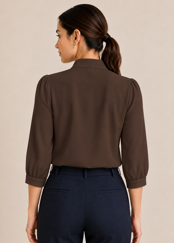Flurr chocolate brown bow tie neck top, back view