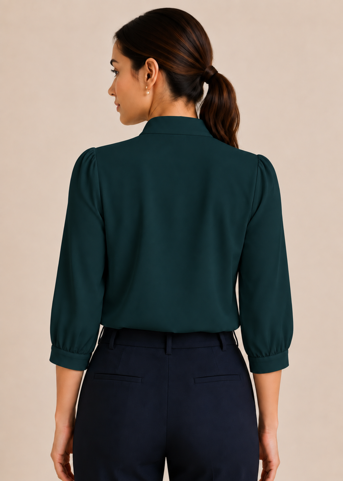 Flurr teal blue bow tie neck top, back view