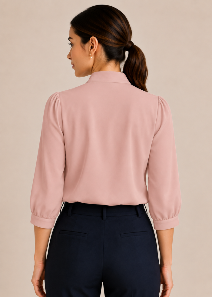 Flurr soft pink bow tie neck top, back view