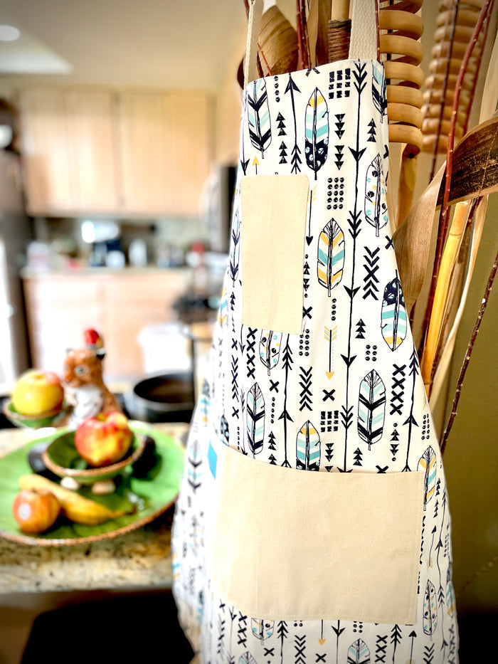 Candace arrow and feather kitchen baking cooking gardening apron feathers and arrows navy blue and gold turqoisue new mexico southwest style amanda bright designs