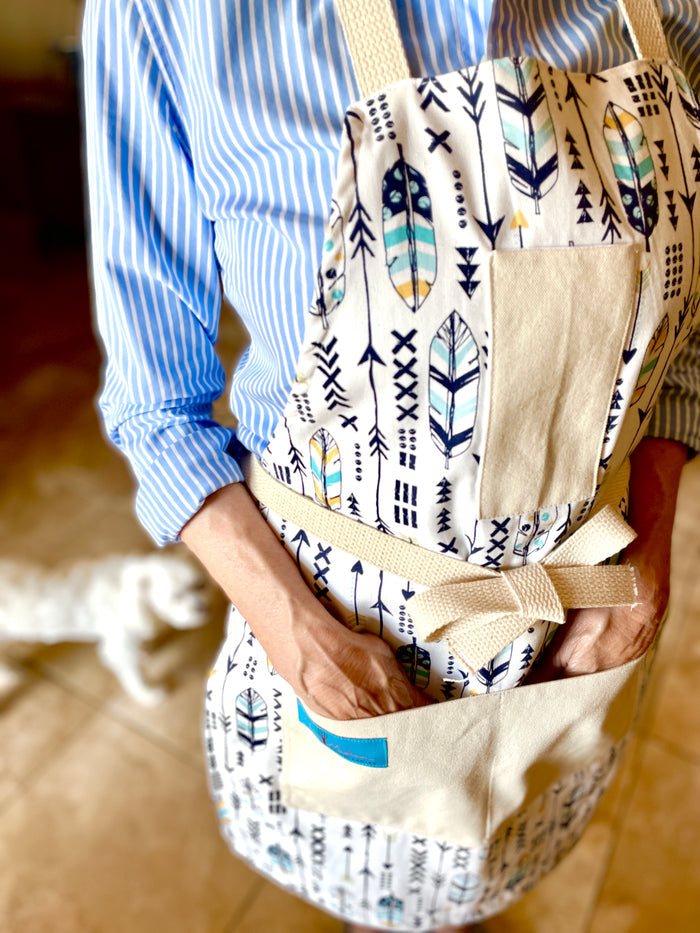 Candace arrow and feather kitchen baking cooking gardening apron feathers and arrows navy blue and gold turqoisue new mexico southwest style amanda bright designs
