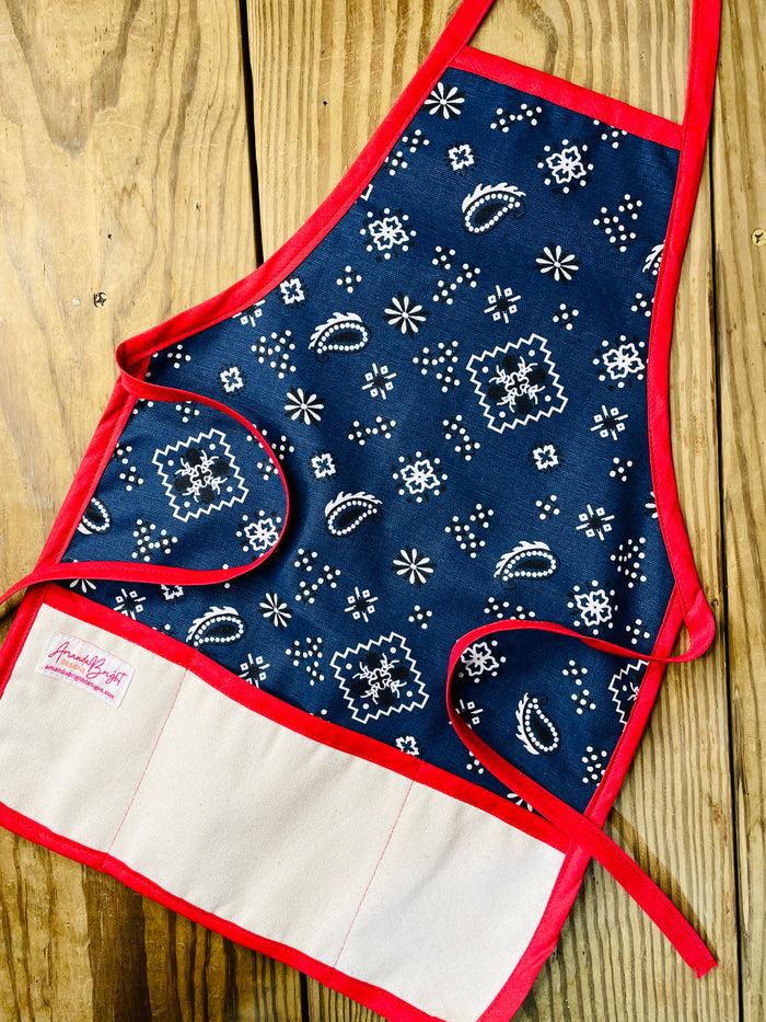 Amanda Bright Designs childrens bandana print apron western cowboy roping style for bake time play time