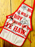 Amanda Bright Designs Jane Apron Children's Cowboy Print Giddy Wild West Horse Spurs Boots with Red Apron Strings and Three Pockets