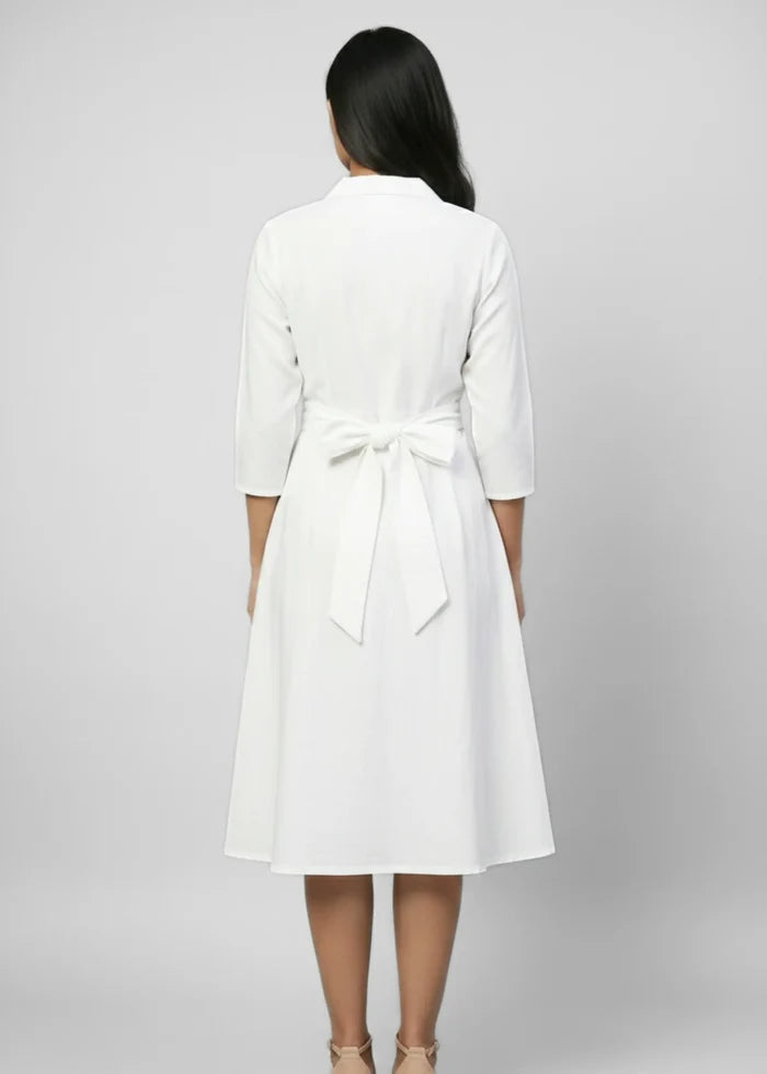 Women’s midi dress with lapel collar - White