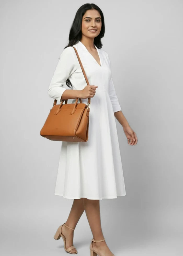 Women’s midi dress with lapel collar - White