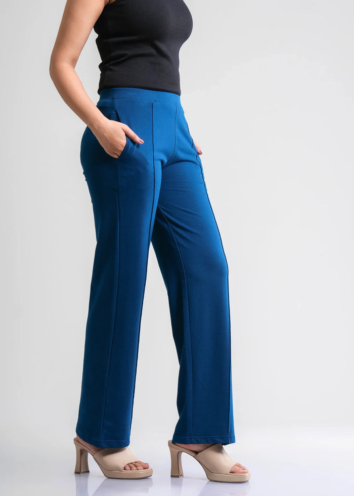 Flurr Women's Blue Cotton Wide Leg Trousers - Comfortable Work & Casual Wear