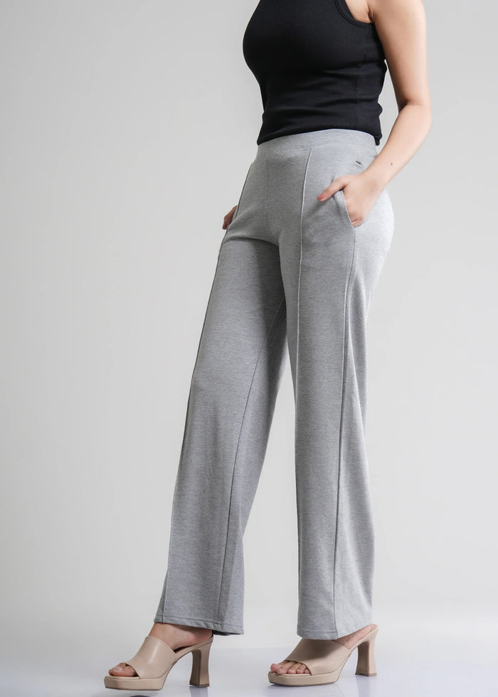 Flurr Women's Light Grey Cotton Wide Leg Trousers - Comfortable Work & Casual Wear